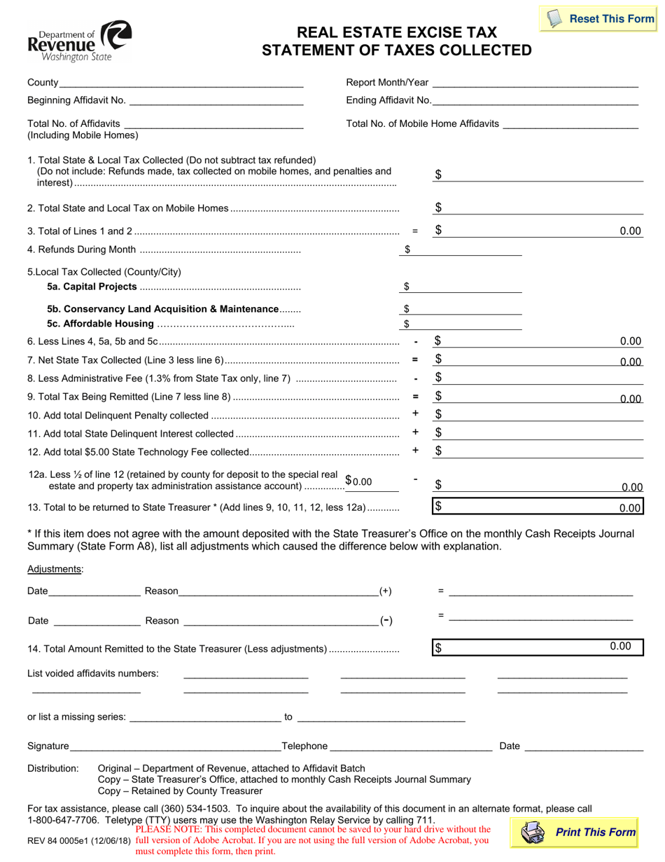 Form REV84 0005E1 Real Estate Excise Tax Statement of Taxes Collected - Washington, Page 1
