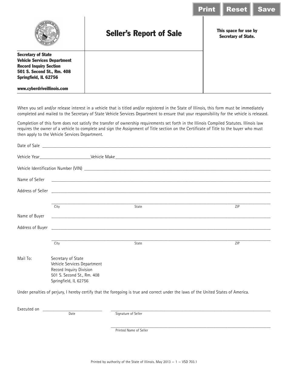 Form VSD703.1 Seller's Report of Sale - Illinois, Page 1