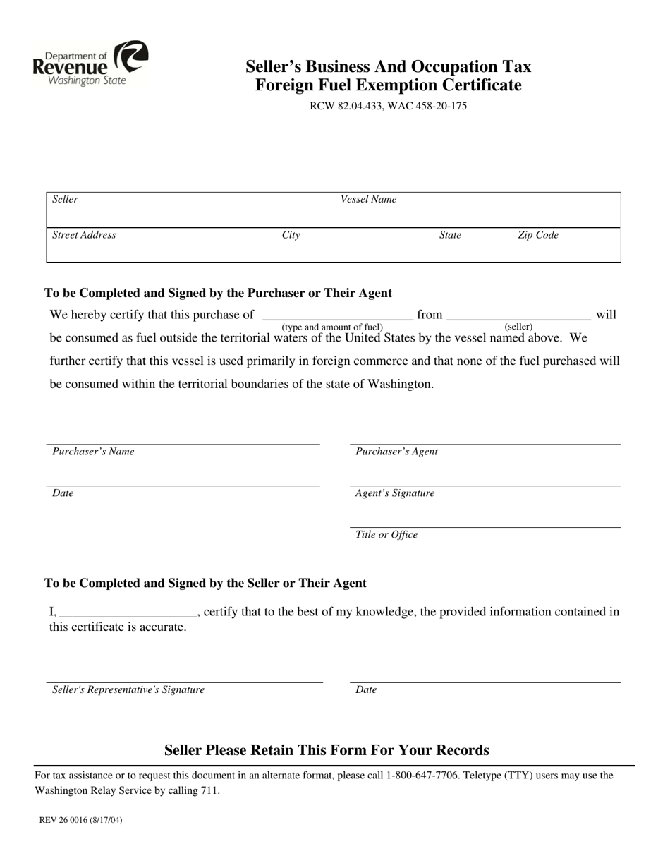 Form REV26 0016 Sellers Business and Occupation Tax Foreign Fuel Exemption Certificate - Washington, Page 1