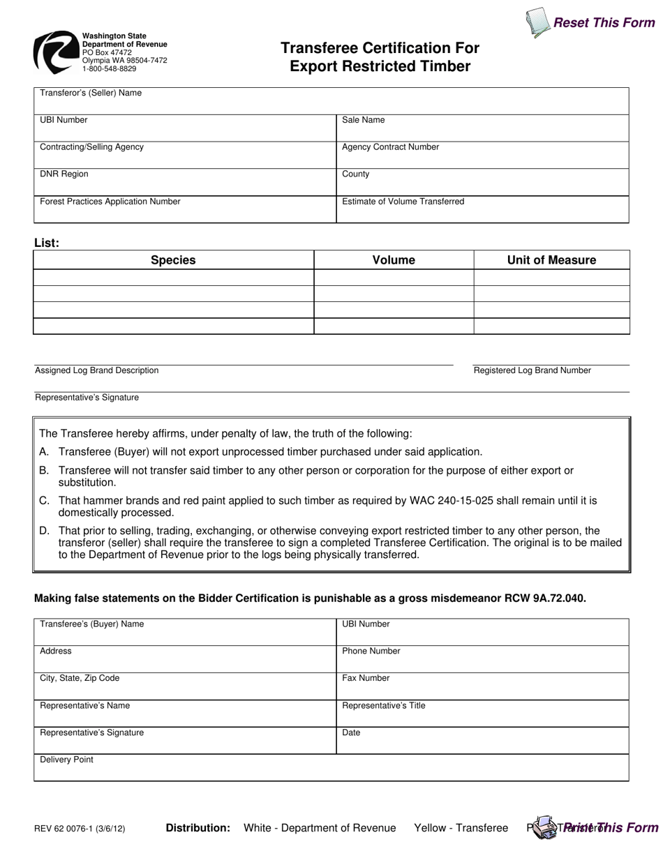 Form REV62 0076-1 Transferee Certification for Export Restricted Timber - Washington, Page 1