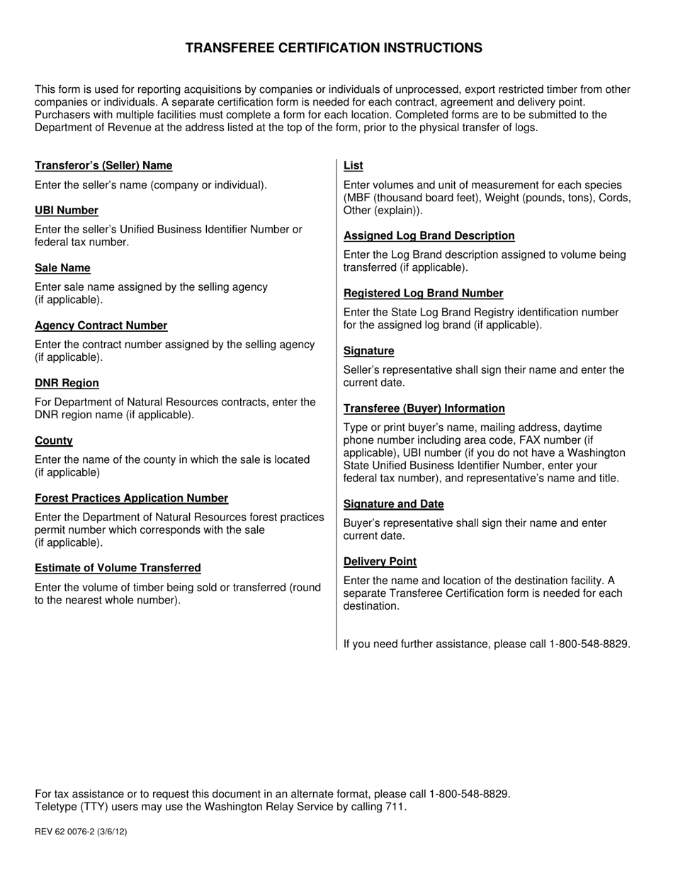 Form REV62 0076-1 Transferee Certification for Export Restricted Timber - Washington, Page 2