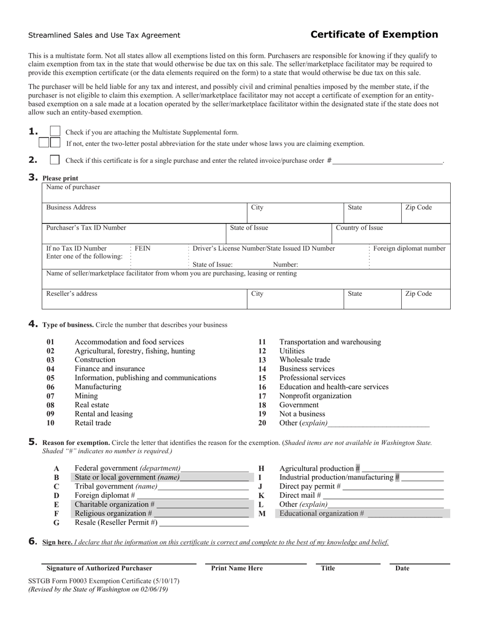 SSTGB Form 0003 Streamlined Sales and Use Tax Certificate of Exemption - Washington, Page 1
