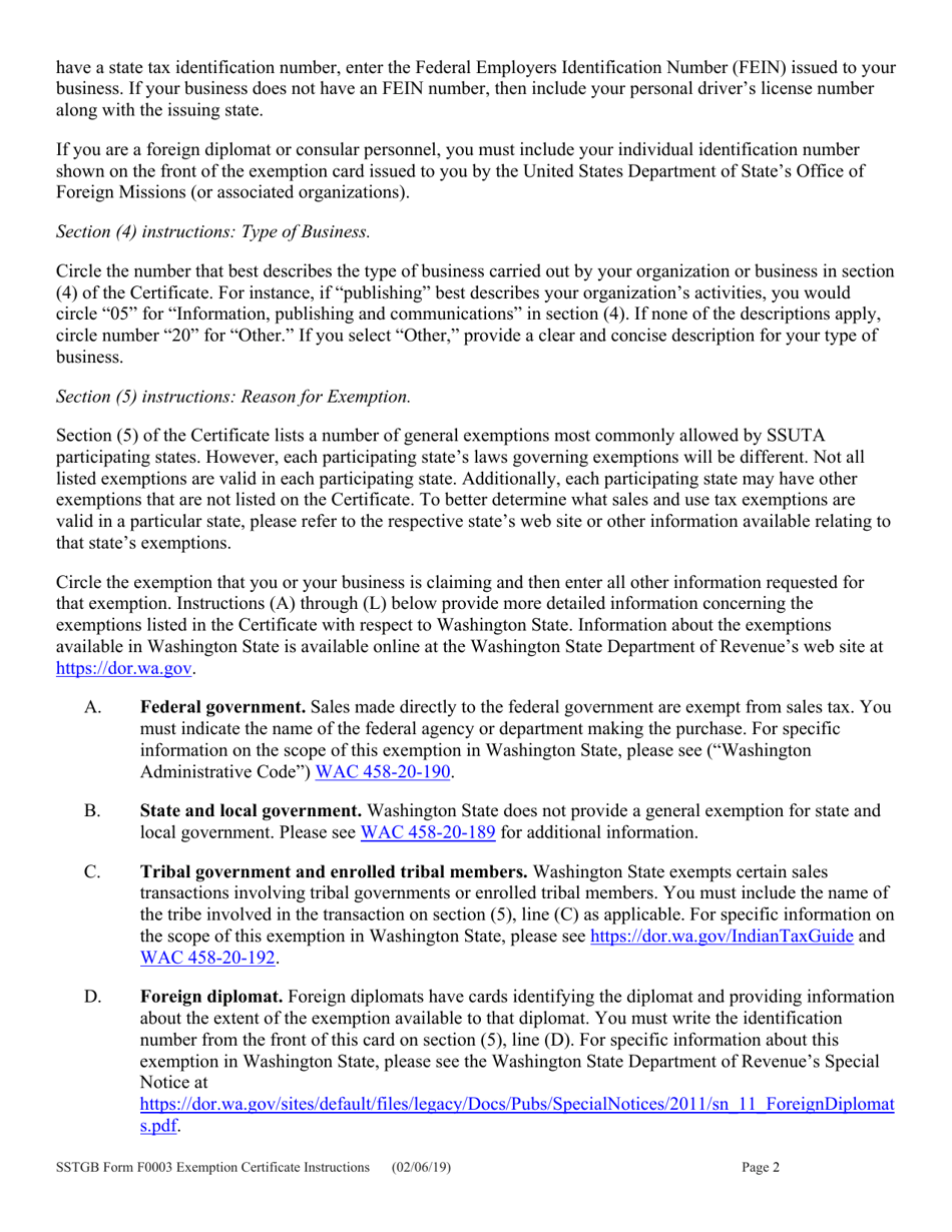SSTGB Form 0003 Streamlined Sales and Use Tax Certificate of Exemption - Washington, Page 4