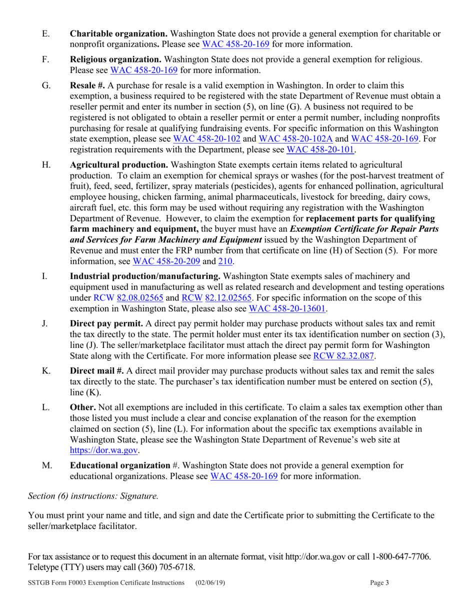 SSTGB Form 0003 Streamlined Sales and Use Tax Certificate of Exemption - Washington, Page 5