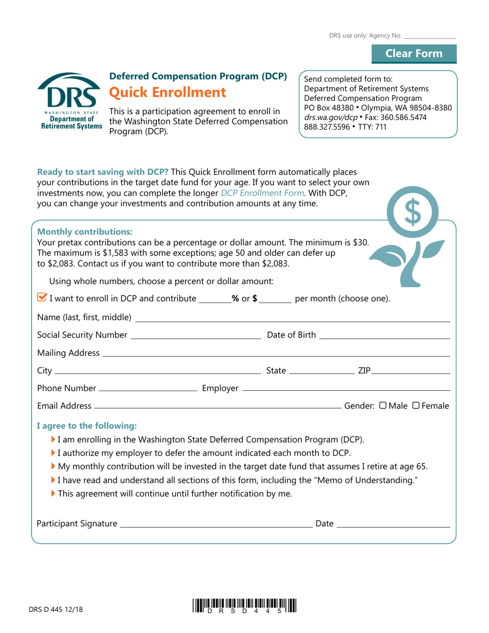 Form DRS D445 Deferred Compensation Program (Dcp) Quick Enrollment - Washington, Page 1