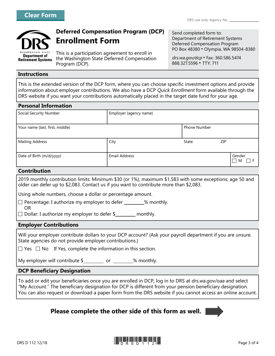 Form DRS D112 Dcp Extended Enrollment Form - Washington, Page 3