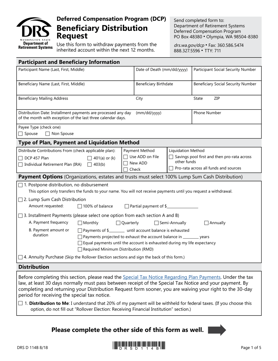 Form DRS D114B Beneficiary Distribution Request - Washington, Page 1