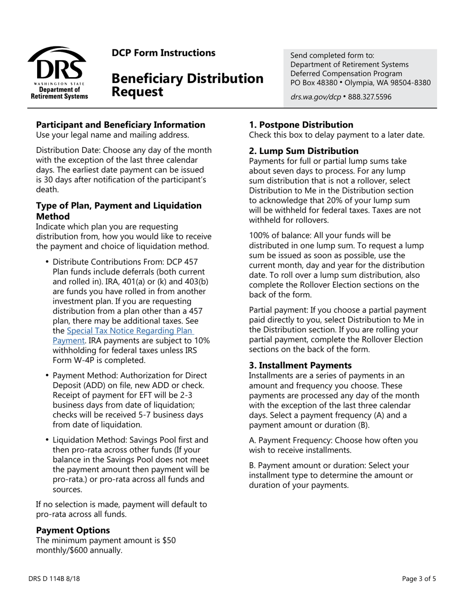 Form DRS D114B Beneficiary Distribution Request - Washington, Page 3