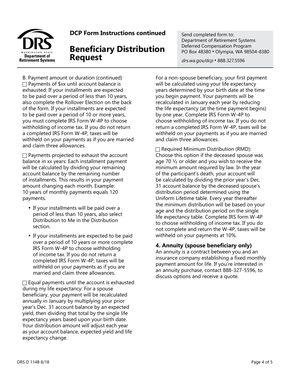 Form DRS D114B Beneficiary Distribution Request - Washington, Page 4
