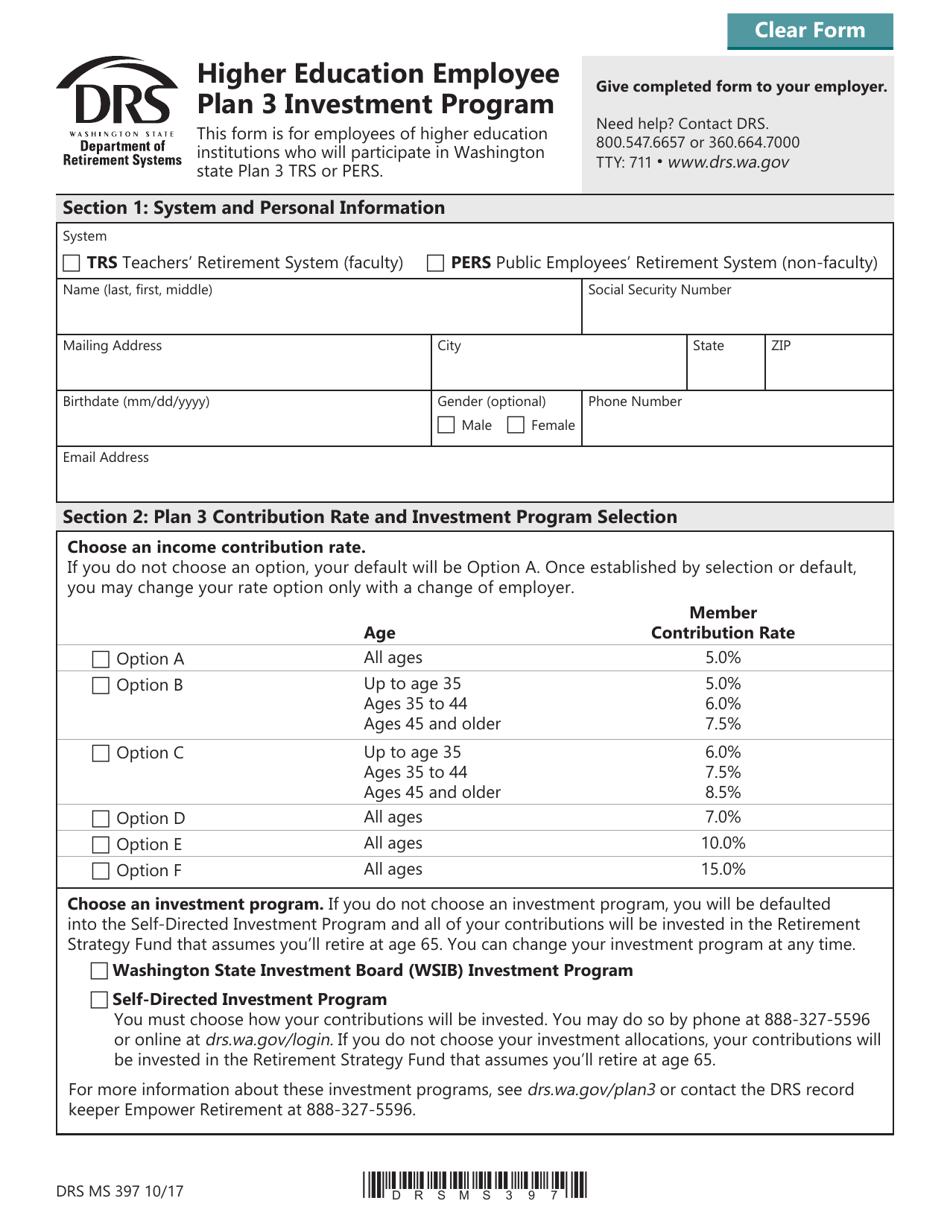 Form DRS MS397 Higher Education Employees Plan 3 Investment Program - Washington, Page 1