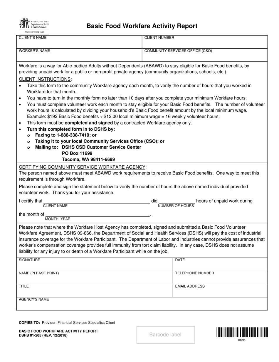 DSHS Form 01-205 Basic Food Workfare Activity Report - Washington, Page 1