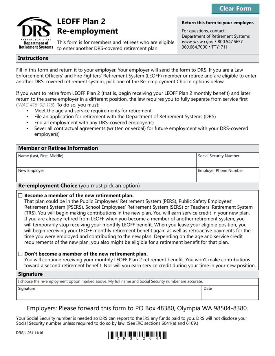 Form DRS L264 Leoff Plan 2 - Re-employment - Washington, Page 1