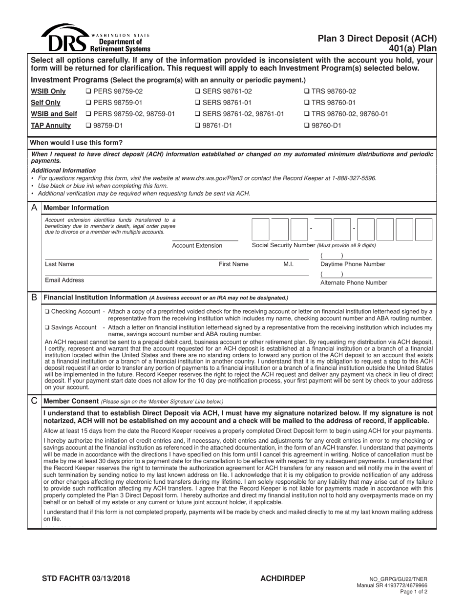 Form STD FACHTR Plan 3 Direct Deposit (ACH) - Washington, Page 1