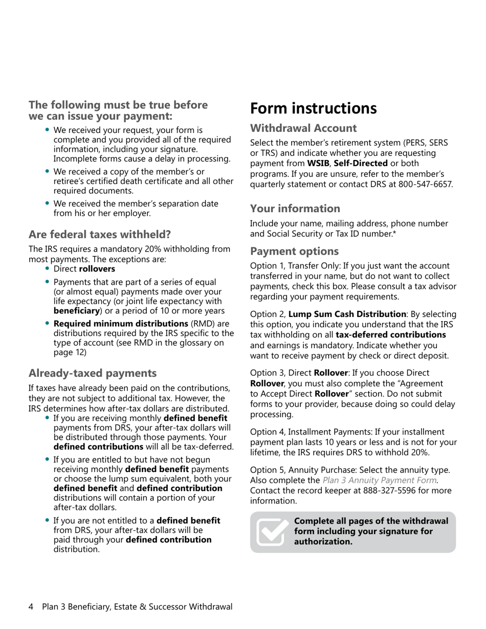 Form DRS MS439 Plan 3 Beneficiary, Estate and Successor Withdrawal - Washington, Page 4