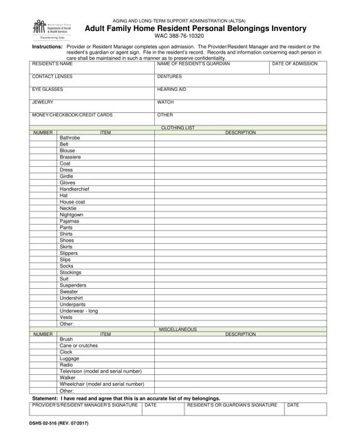 DSHS Form 02-516 Adult Family Home Resident Personal Belongings Inventory - Washington
