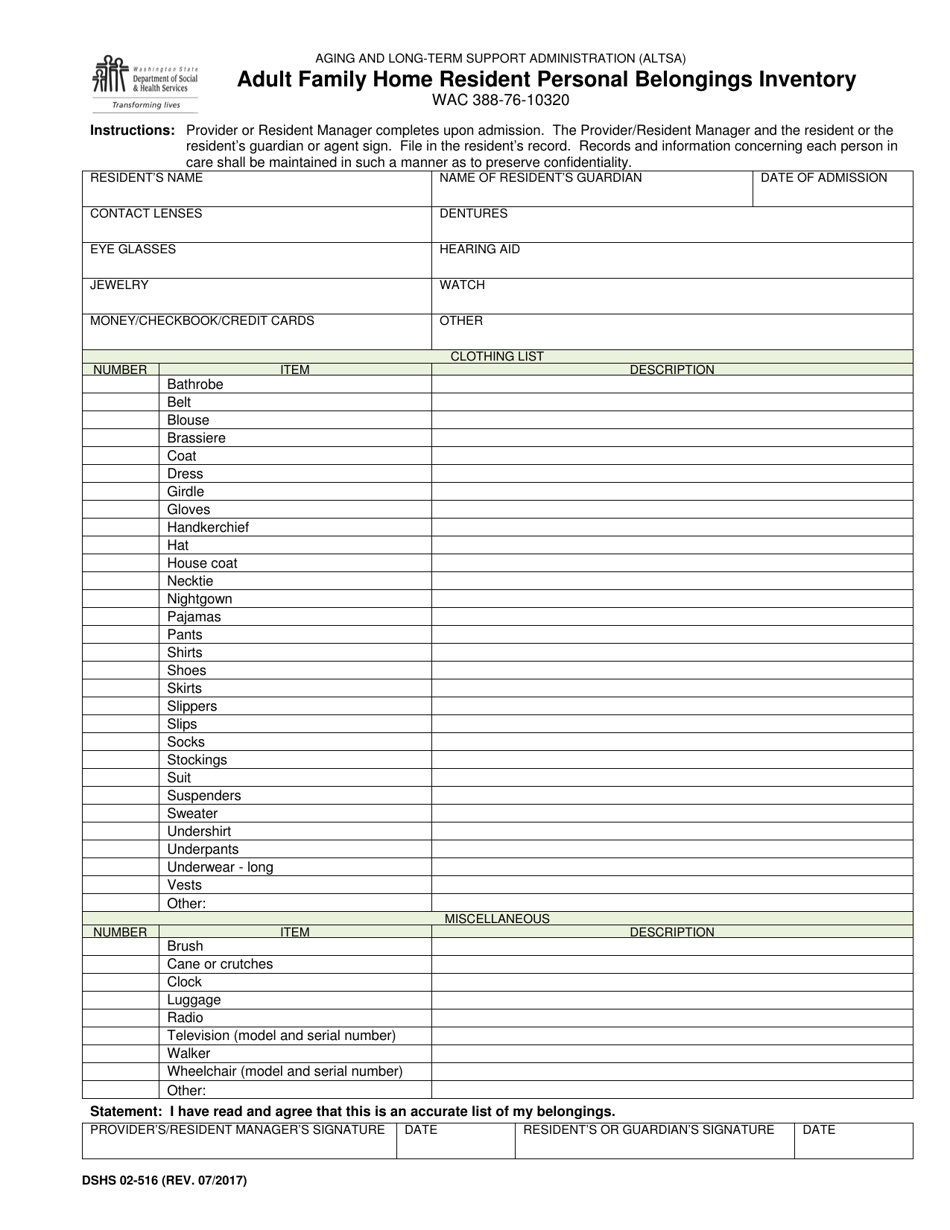 DSHS Form 02-516 Adult Family Home Resident Personal Belongings Inventory - Washington, Page 1