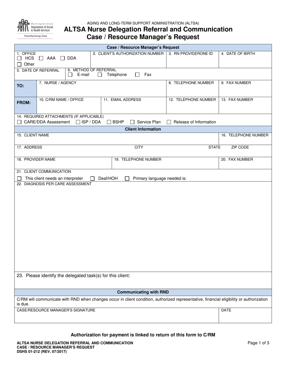 DSHS Form 01-212 Altsa Nurse Delegation Referral and Communication Case / Resource Managers Request - Washington, Page 1
