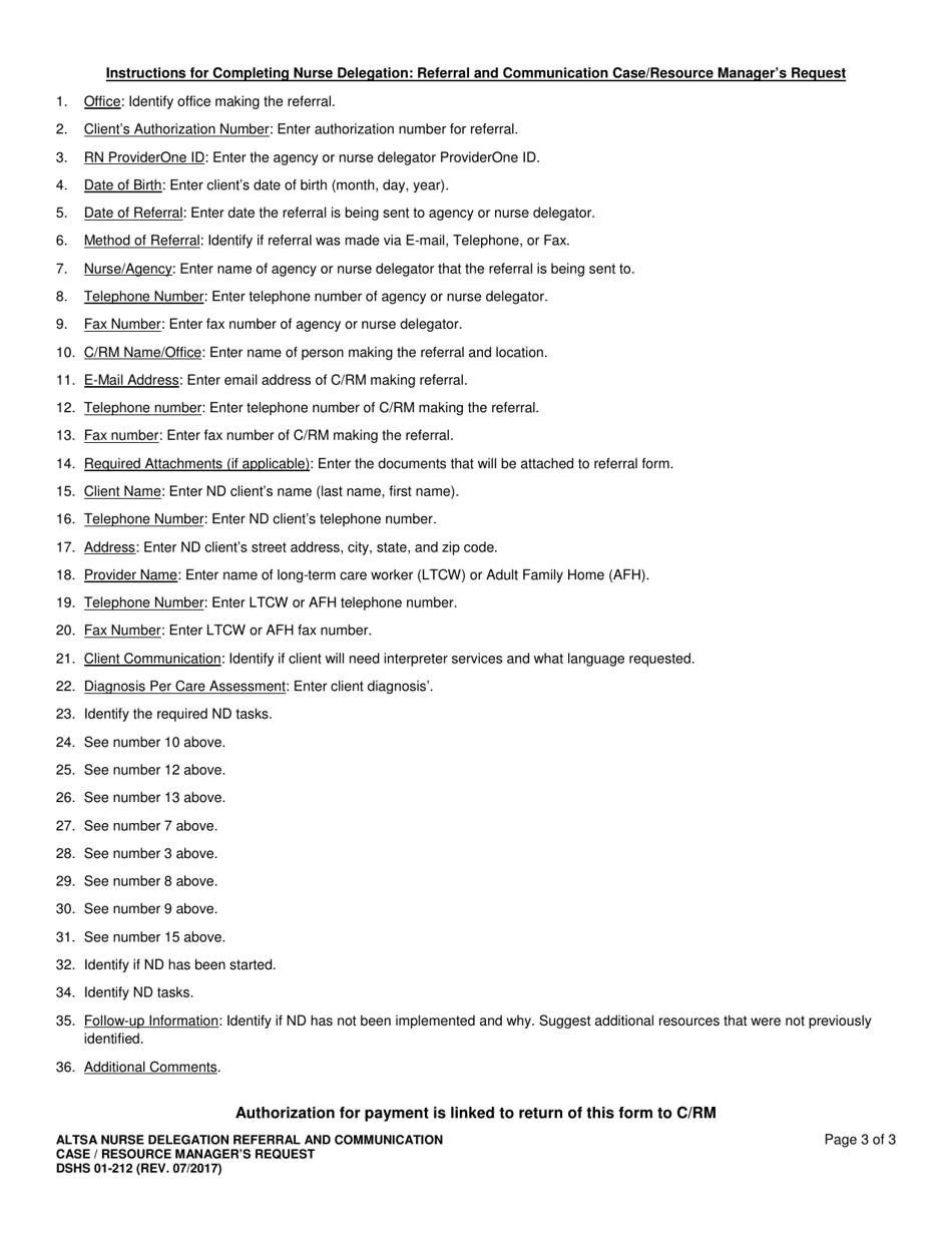 DSHS Form 01-212 Altsa Nurse Delegation Referral and Communication Case / Resource Managers Request - Washington, Page 3