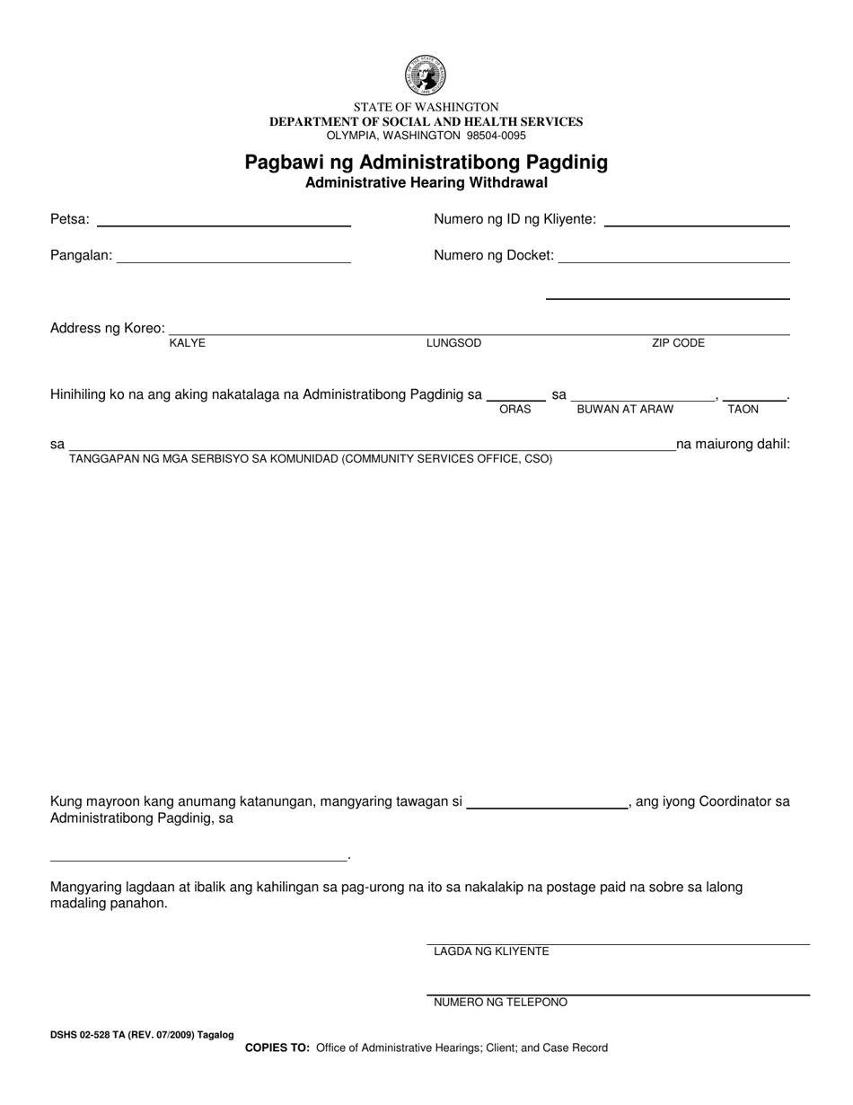 DSHS Form 02-528 Fair Hearing Withdrawal - Washington (Tagalog), Page 1