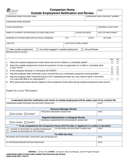 DSHS Form 02-589 Companion Home Outside Employment Notification and Review - Washington