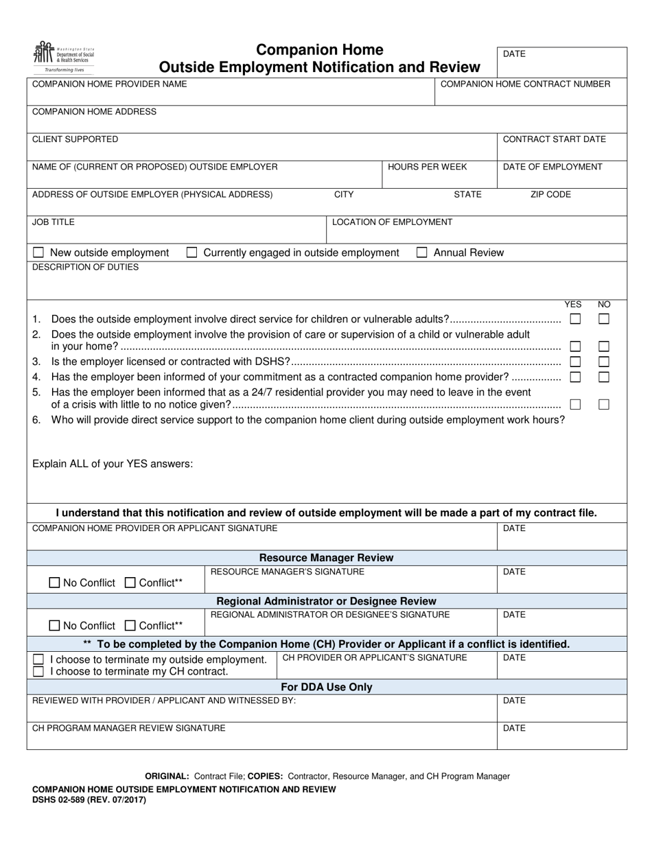 DSHS Form 02-589 Companion Home Outside Employment Notification and Review - Washington, Page 1
