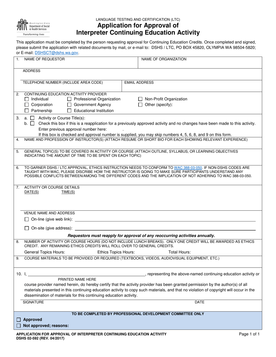 DSHS Form 02-592 Application for Approval of Interpreter Continuing Education Activity - Washington, Page 1