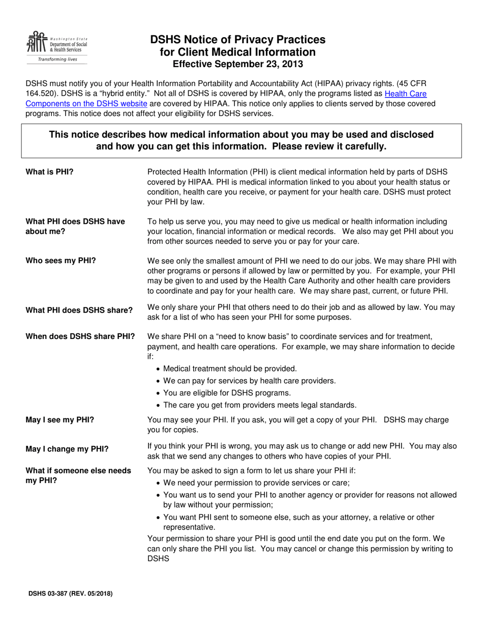 DSHS Form 03-387 Dshs Notice of Privacy Practices for Client Medical Information - Washington, Page 1