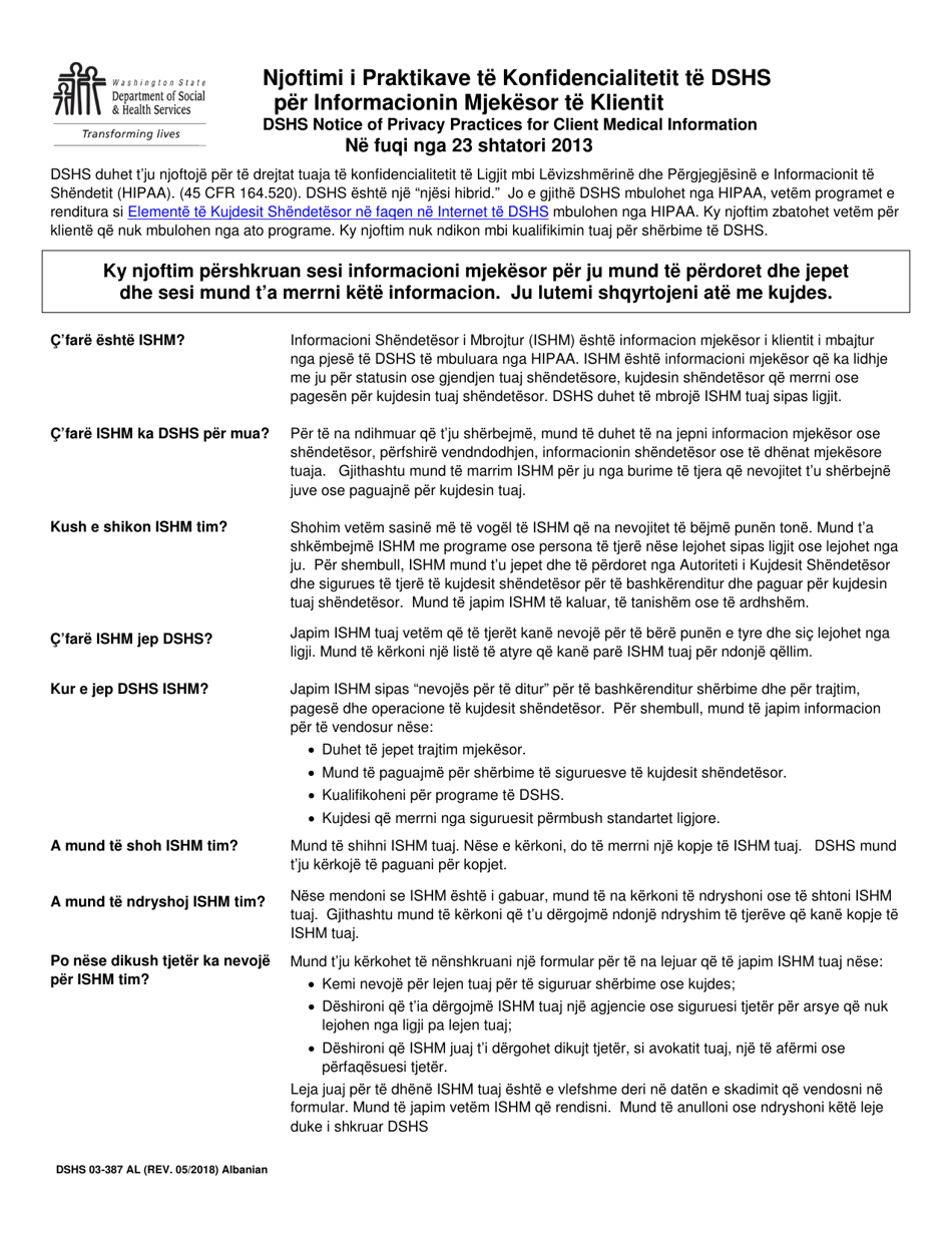 DSHS Form 03-387 Dshs Notice of Privacy Practices for Client Medical Information - Washington (Albanian), Page 1