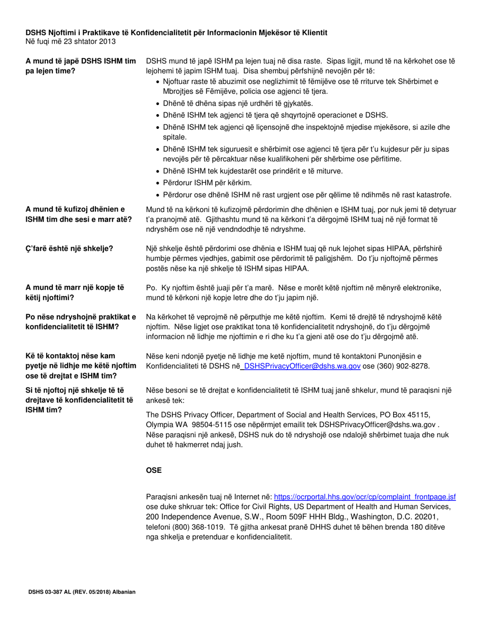 DSHS Form 03-387 Dshs Notice of Privacy Practices for Client Medical Information - Washington (Albanian), Page 2