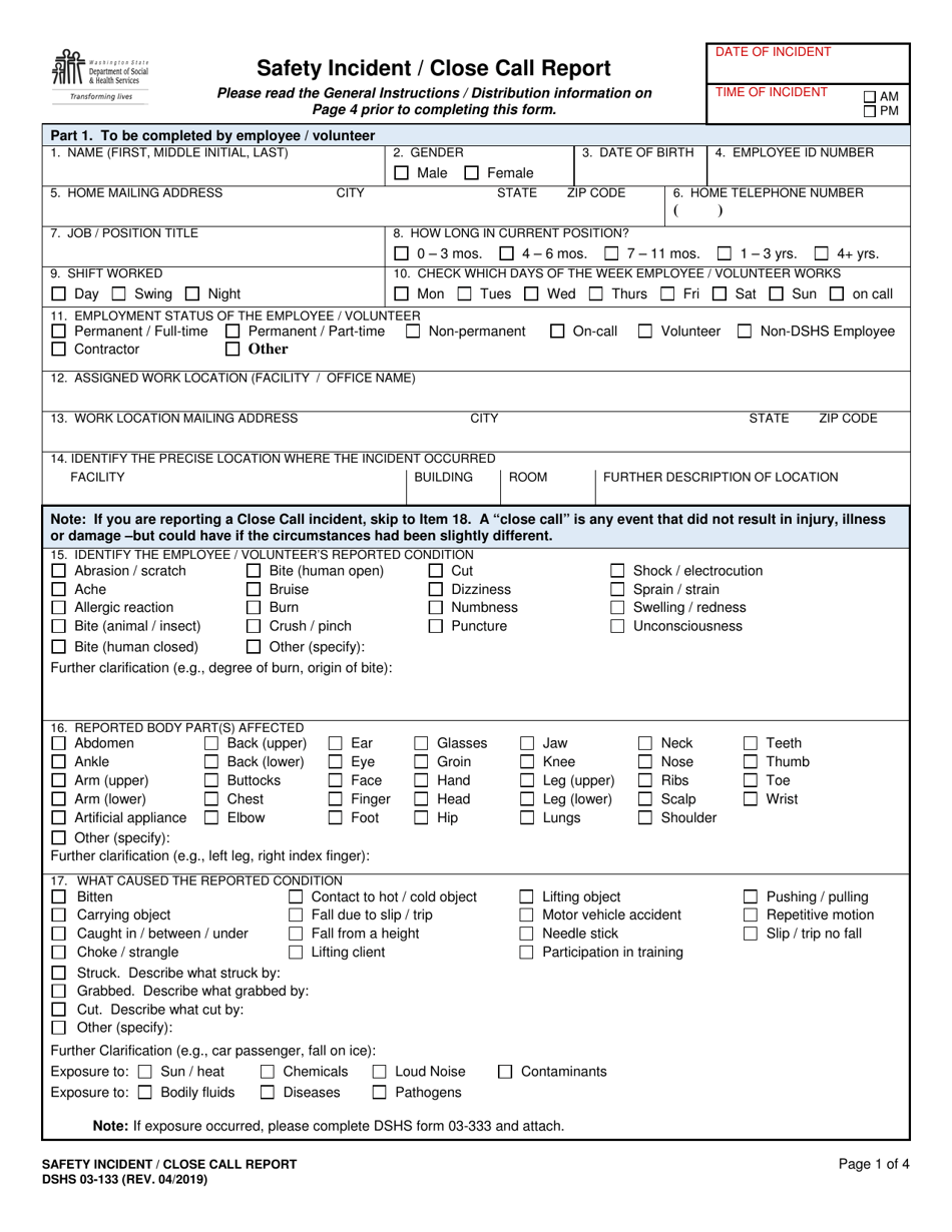 DSHS Form 03-133 Safety Incident / Close Call Report - Washington, Page 1