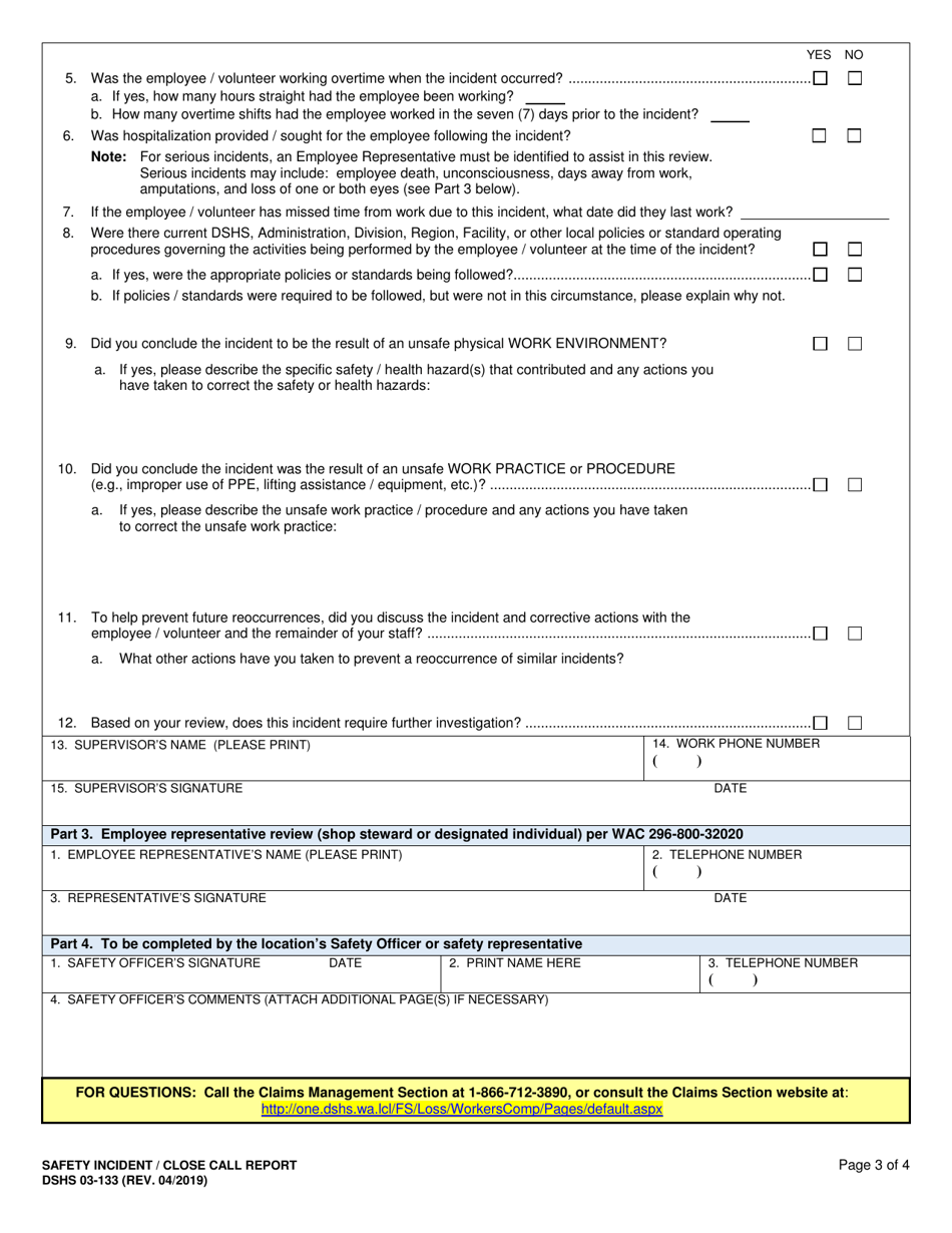 DSHS Form 03-133 Safety Incident / Close Call Report - Washington, Page 3