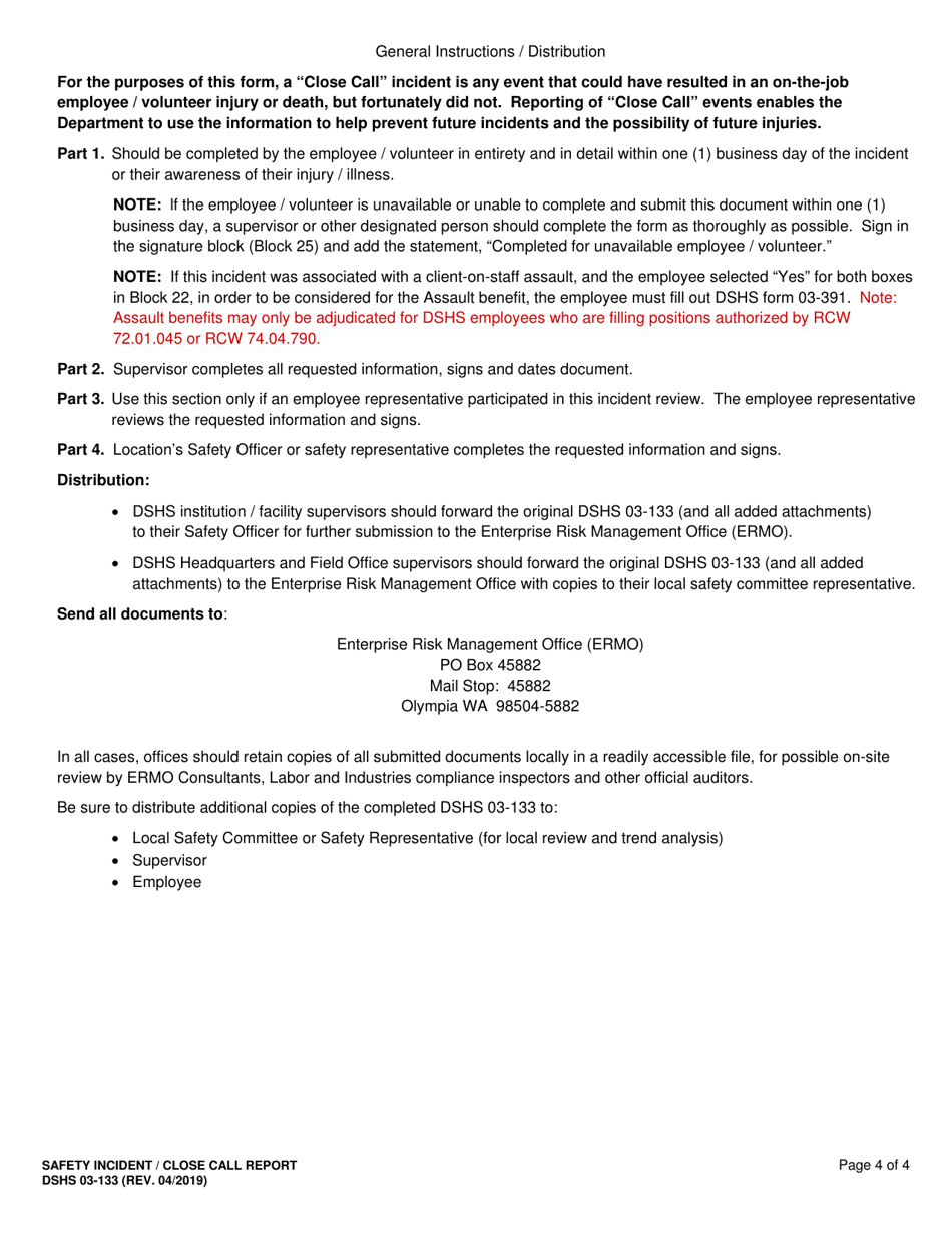 DSHS Form 03-133 Safety Incident / Close Call Report - Washington, Page 4