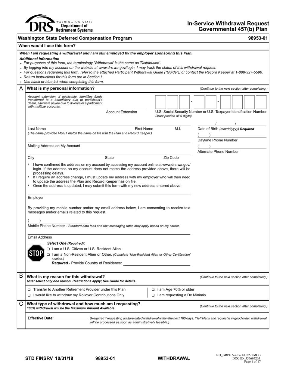 Form STD FINSRV In-Service Withdrawal Request - Washington, Page 1