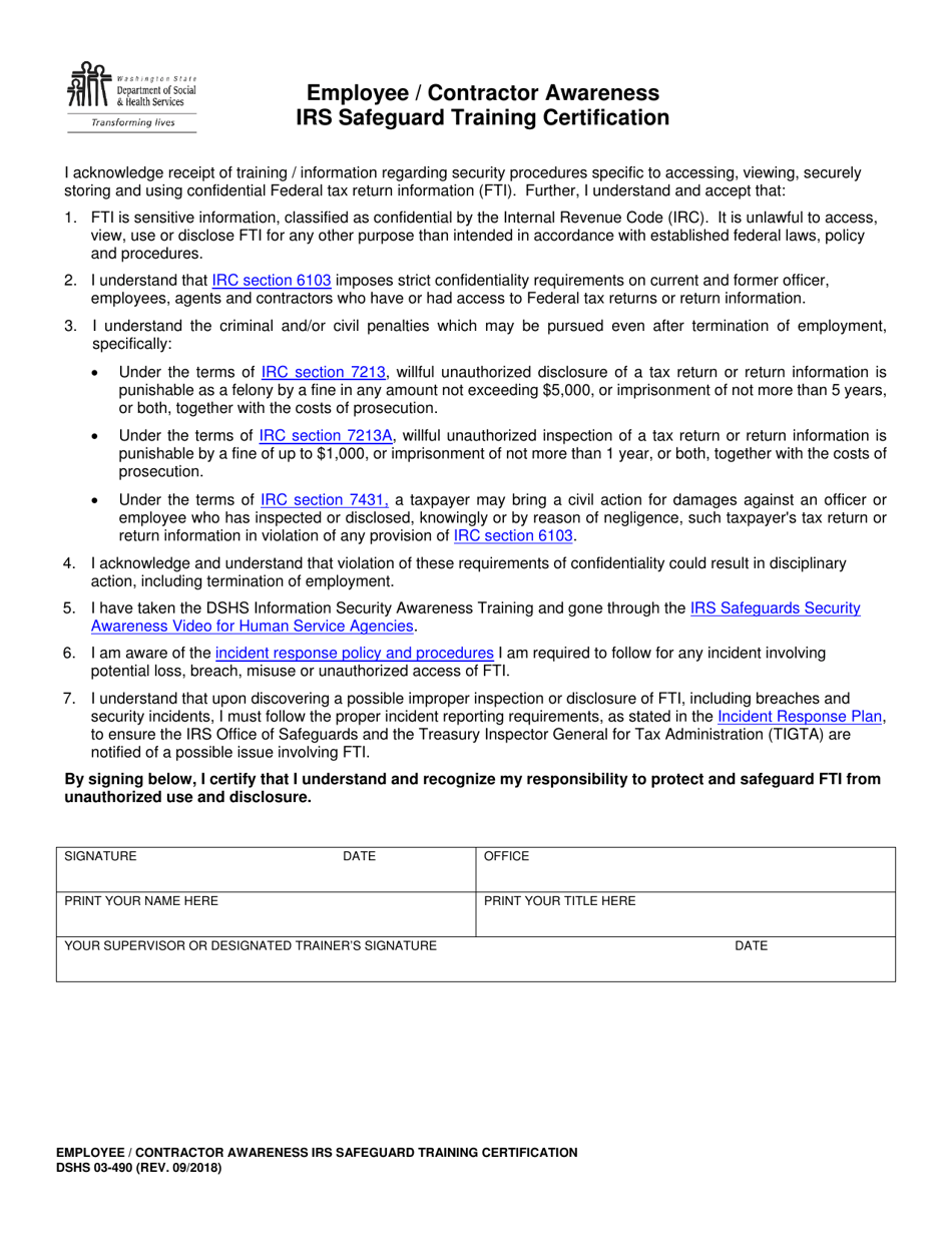 DSHS Form 03-490 Employee / Contractor Awareness IRS Safeguard Training Certification - Washington, Page 1