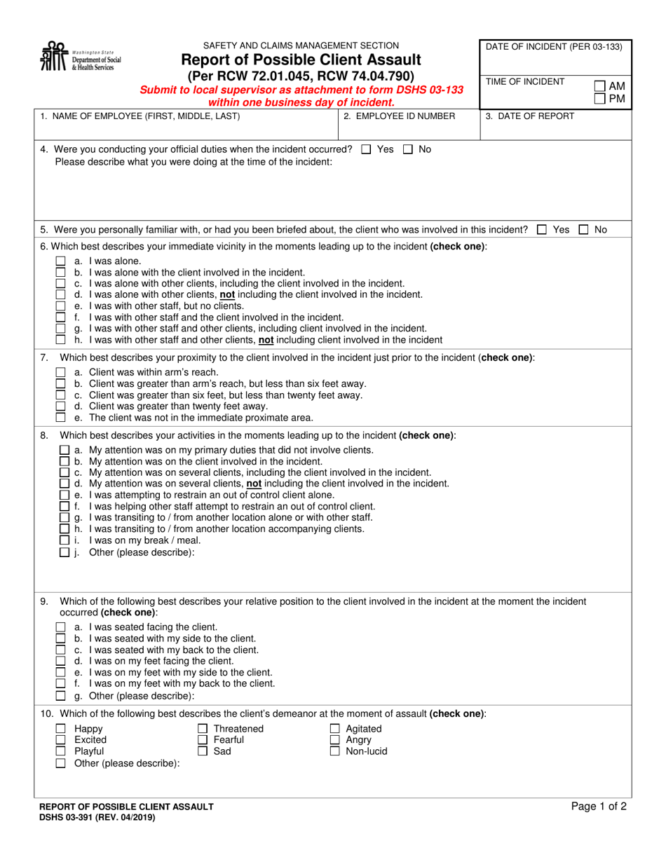 DSHS Form 03-391 Report of Possible Client Assault - Washington, Page 1