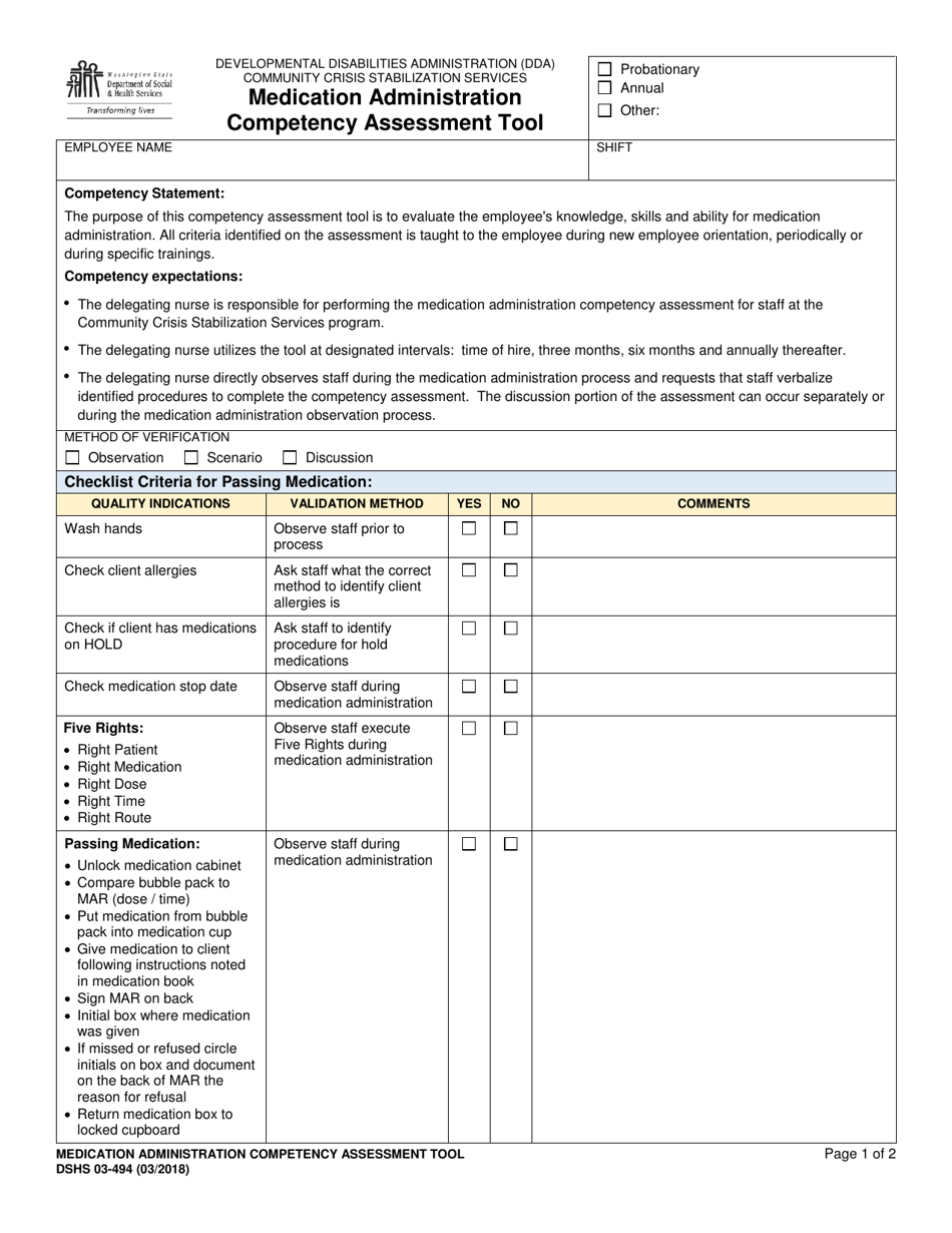 DSHS Form 03-494 Medication Administration Competency Assessment Tool - Washington, Page 1