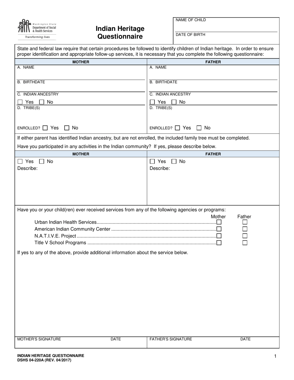 DSHS Form 04-220A Indian Heritage Questionnaire - Washington, Page 1