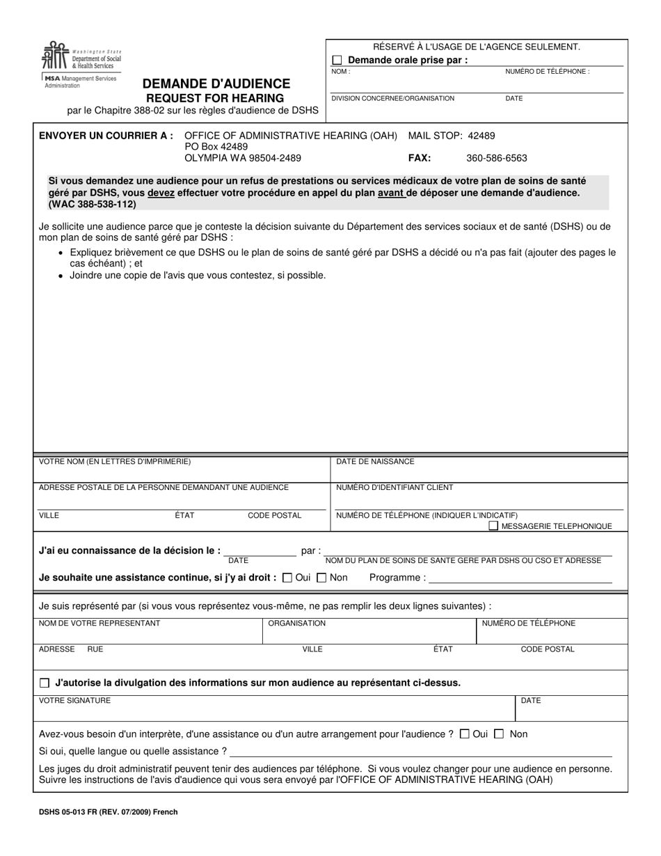 DSHS Forme 05-013 Download Printable PDF or Fill Online Demande D ...