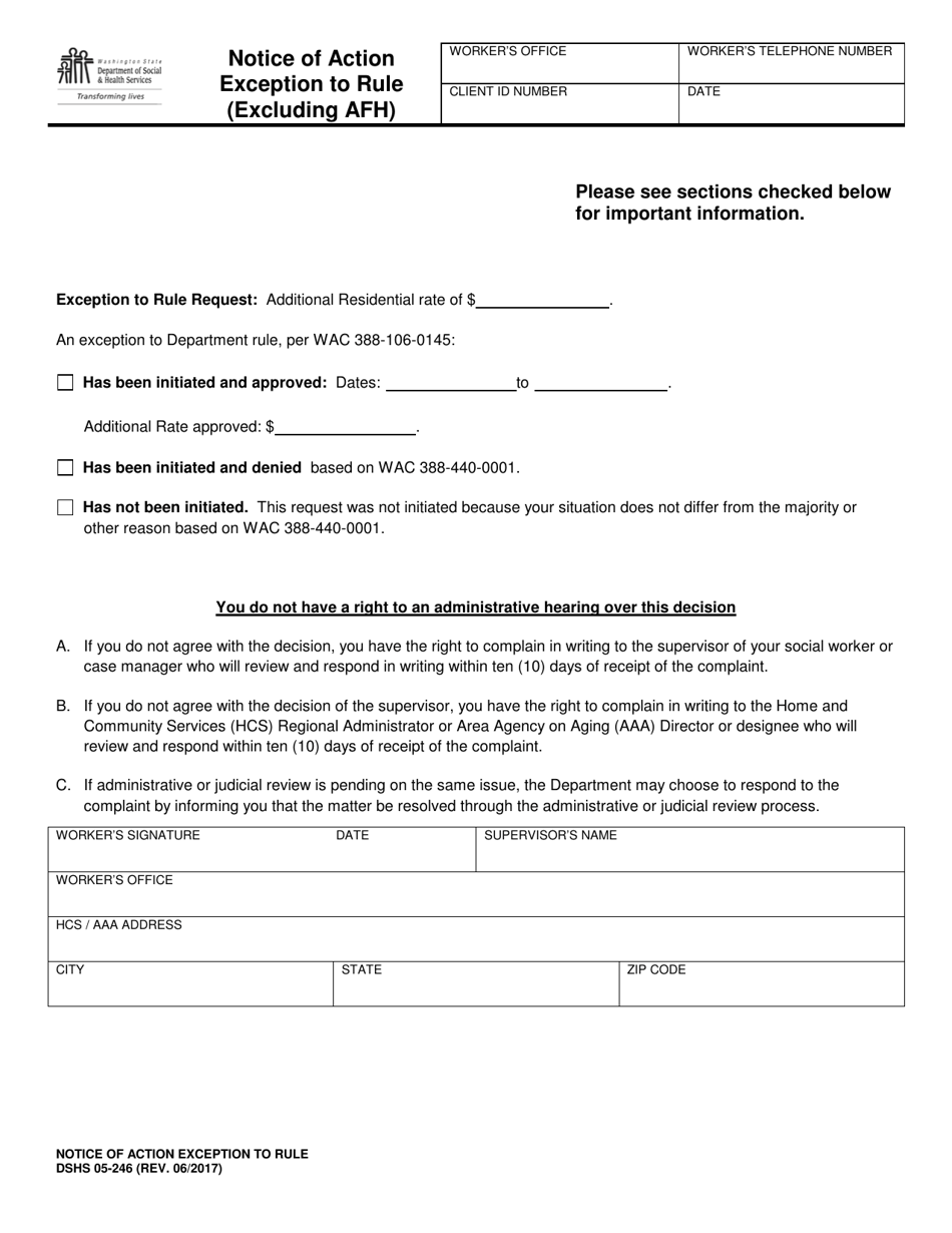 DSHS Form 05-246 Notice of Action Exception to Rule (Excluding Afh) - Washington, Page 1