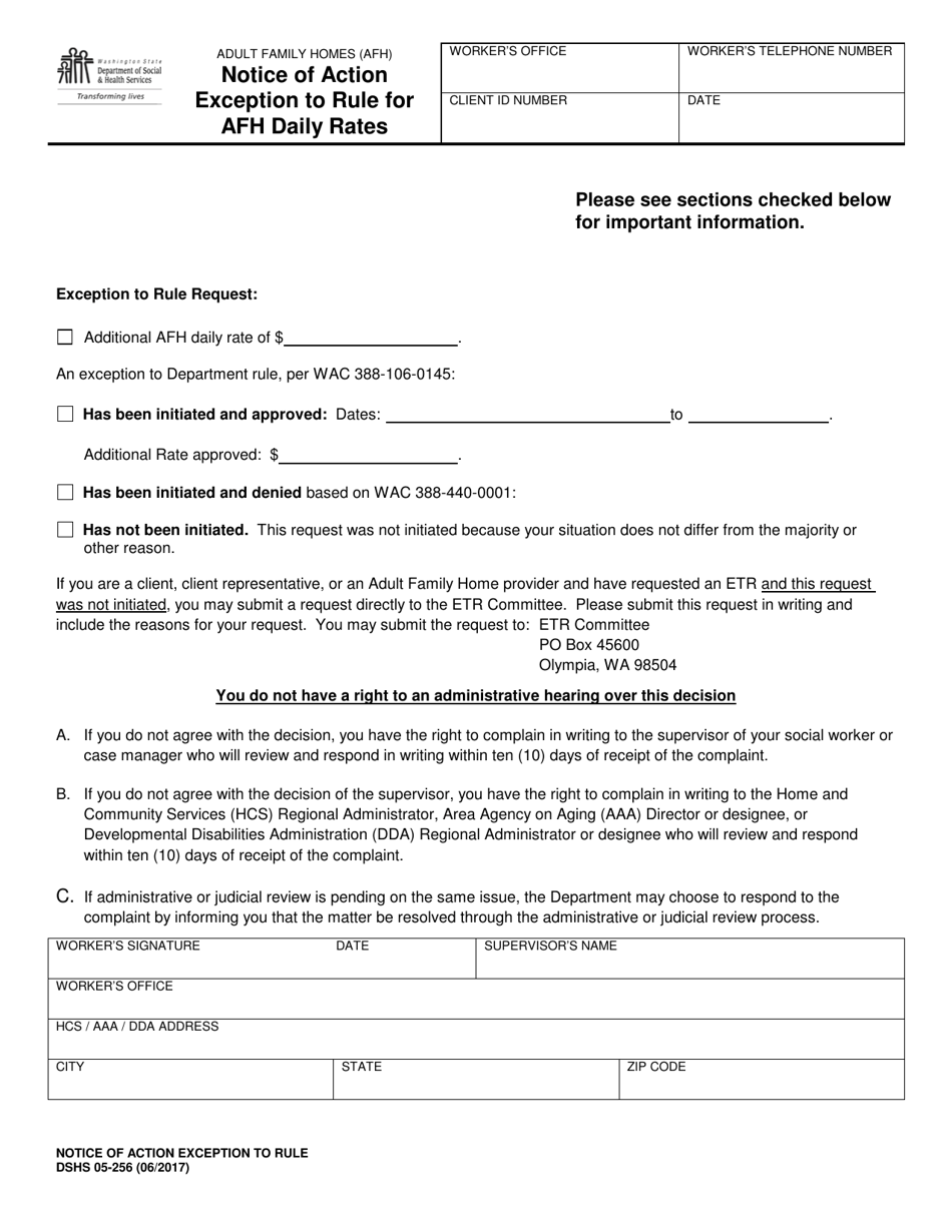 DSHS Form 05-256 Notice of Action Exception to Rule for Afh Daily Rates - Washington, Page 1