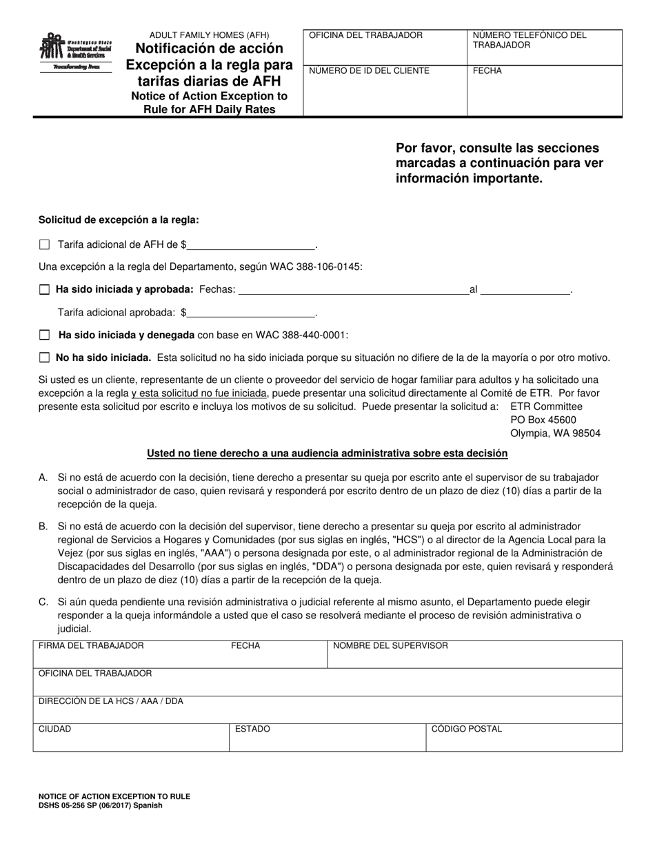 DSHS Formulario 05-256 Notificacion De Accion Excepcion a La Regla Para Tarifas Diarias De Afh - Washington (Spanish), Page 1