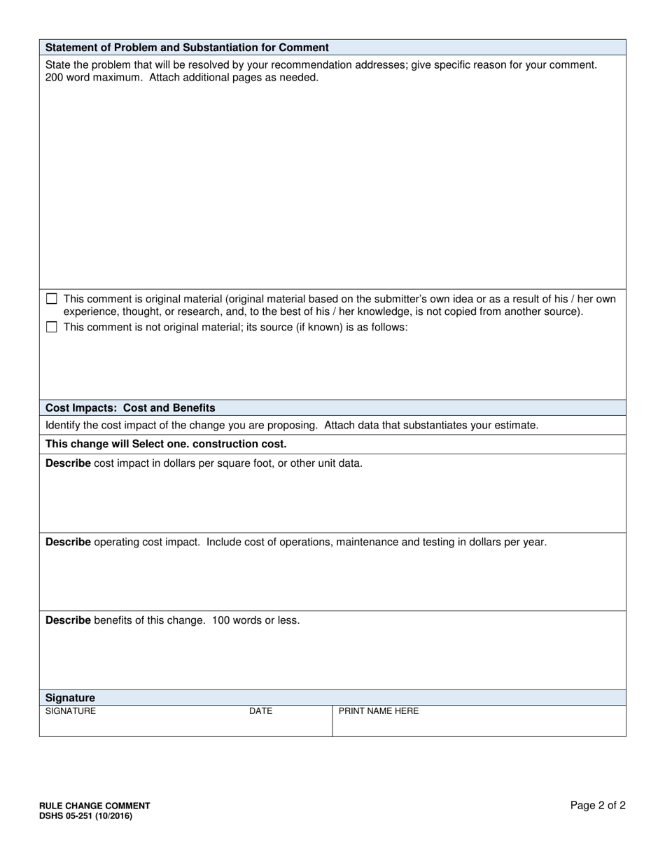 DSHS Form 05-251 Rule Change Comment - Washington, Page 2