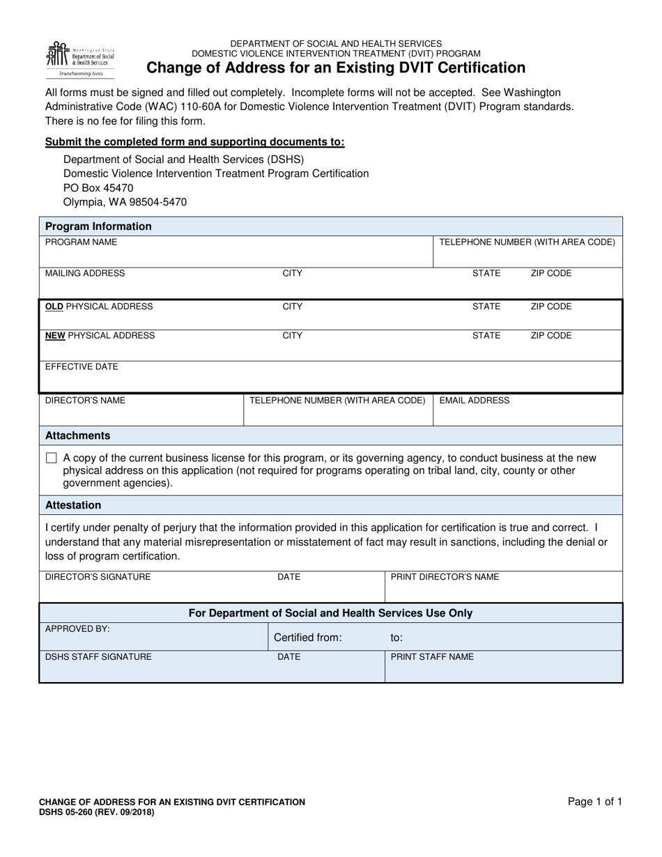 DSHS Form 05-260 Change of Address for an Existing Dvit Certification - Washington, Page 1