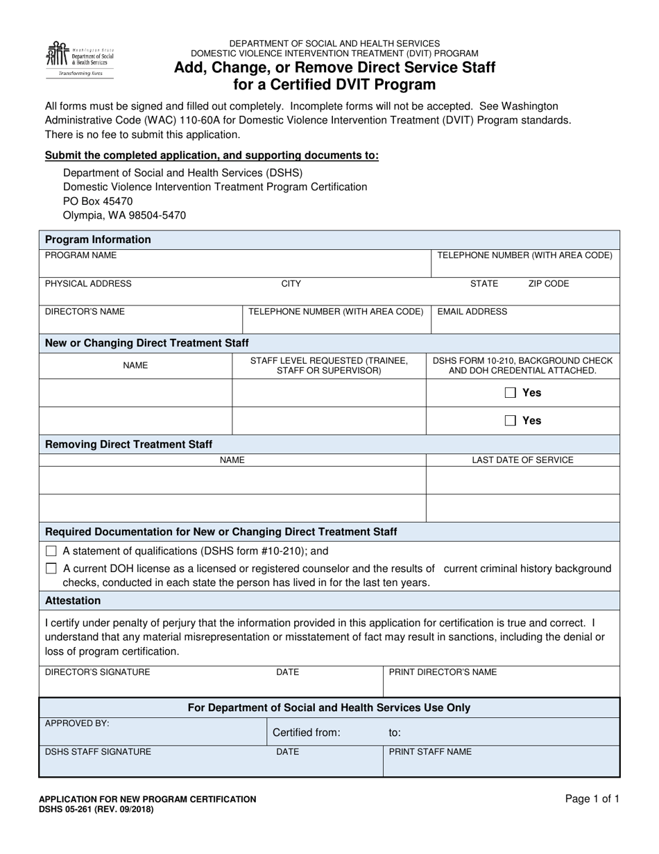 DSHS Form 05-261 Add, Change, or Remove Direct Service Staff for a Certified Dvit Program - Washington, Page 1