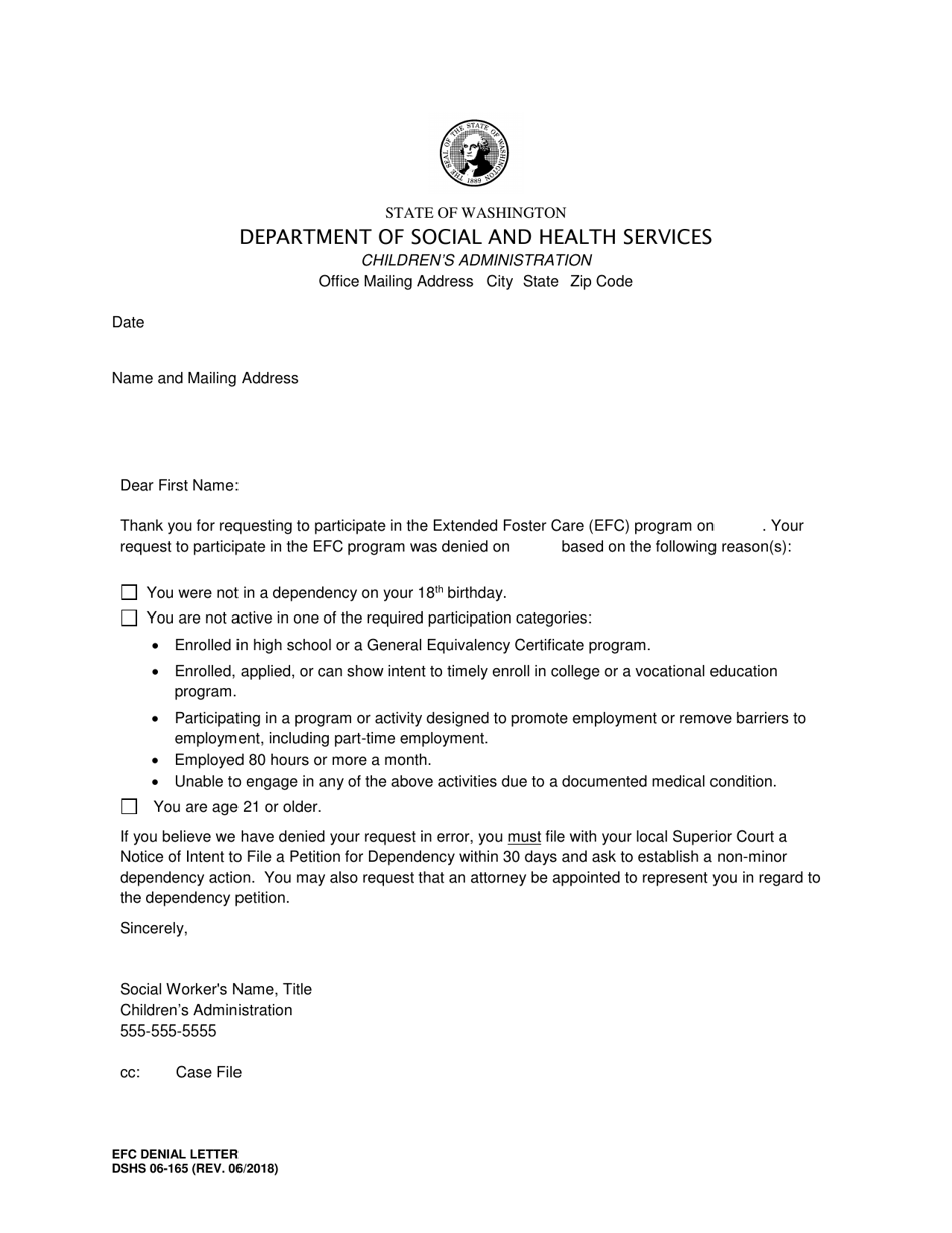 DSHS Form 06-165 Extended Foster Care Denial Letter - Washington, Page 1
