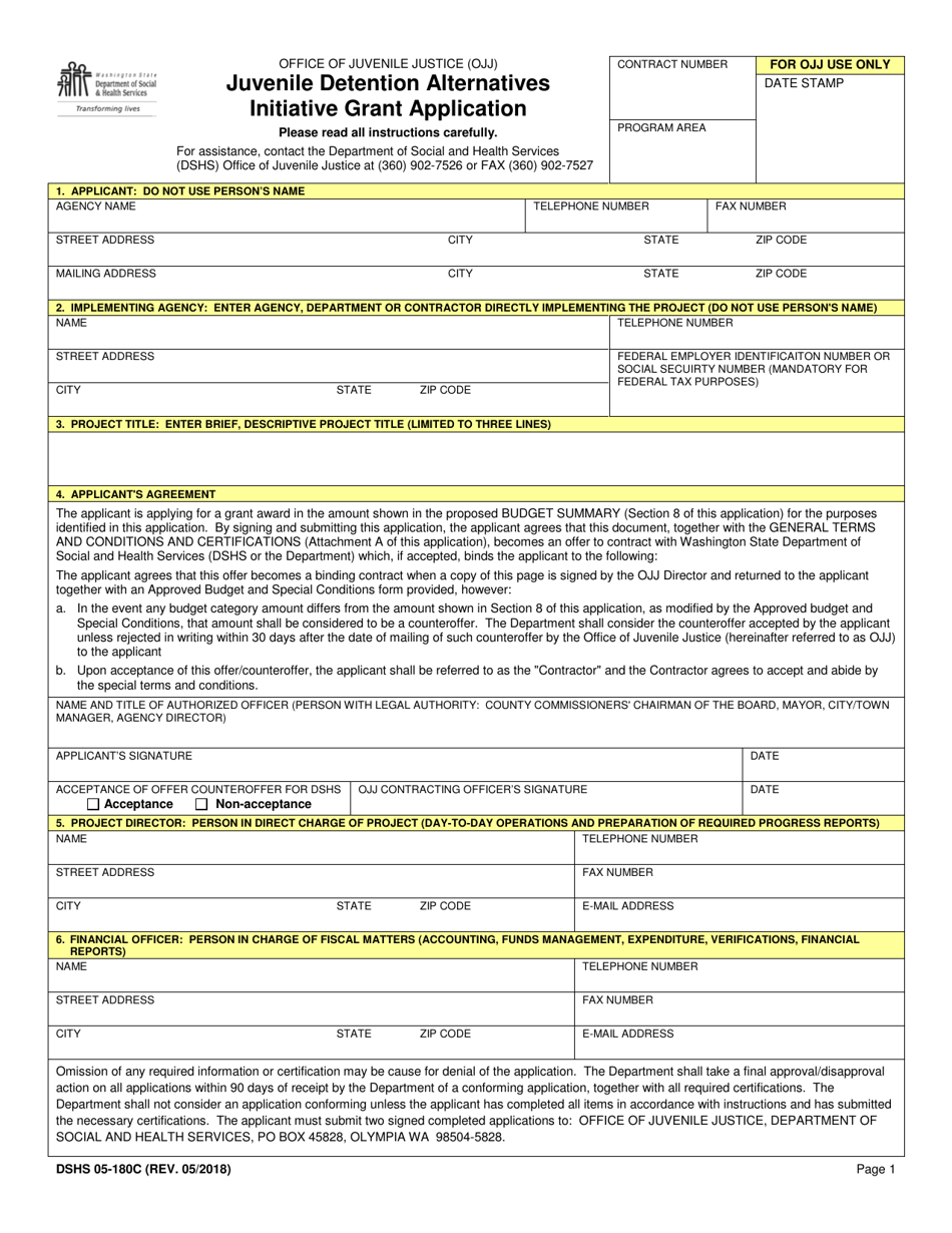 DSHS Form 05-180C Juvenile Detention Alternatives Initiative Grant Application - Washington, Page 1