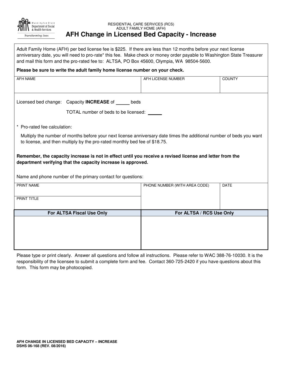 DSHS Form 06-168 Afh Change in Licensed Bed Capacity - Increase - Washington, Page 1