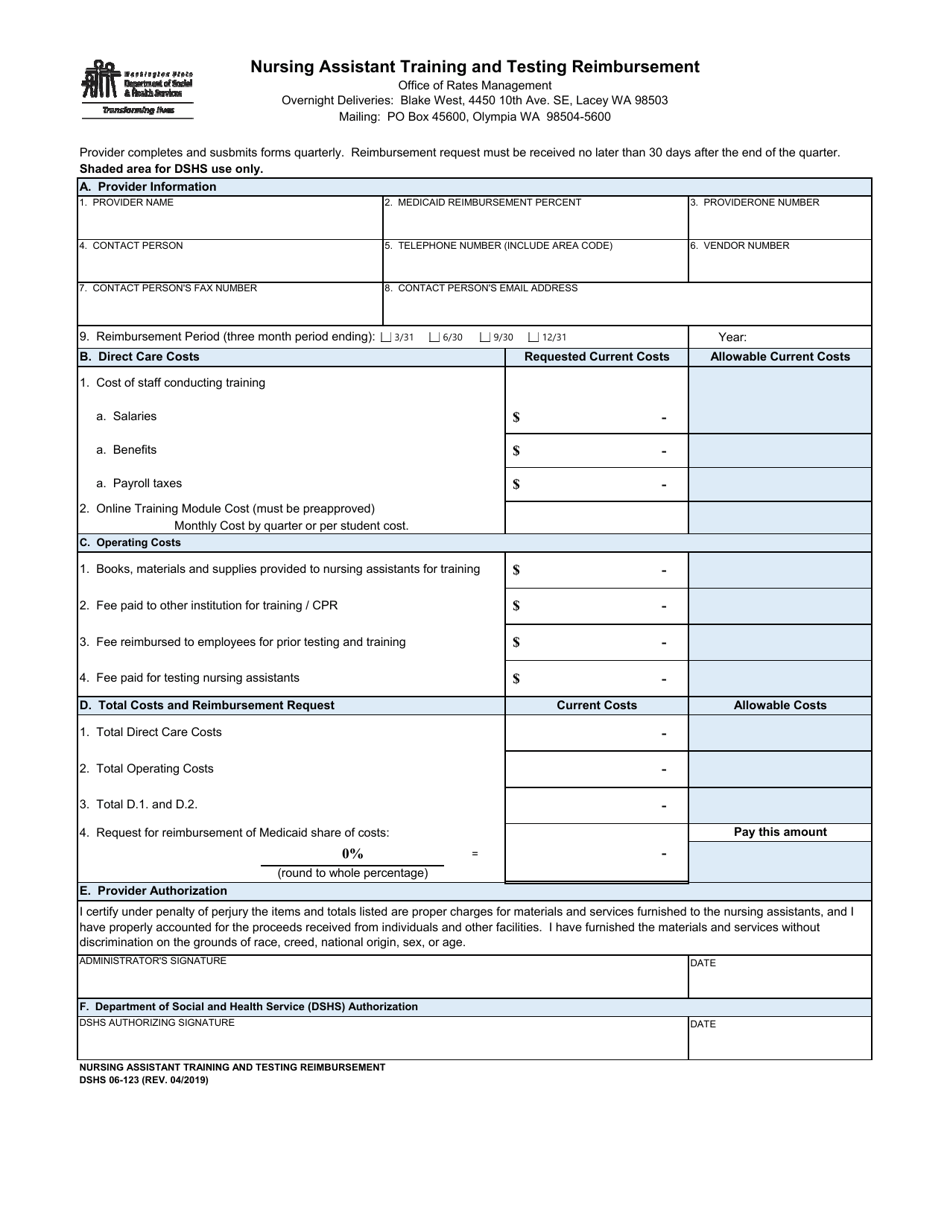 DSHS Form 06-123 Nursing Assistant Training and Testing Reimbursement - Washington, Page 1