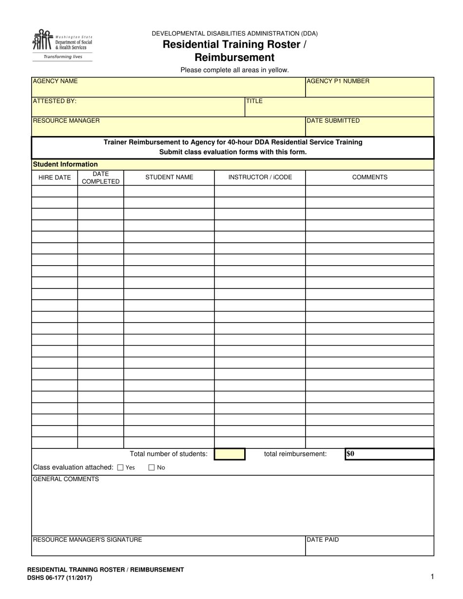 DSHS Form 06-177 Residential Training Roster / Reimbursement - Washington, Page 1