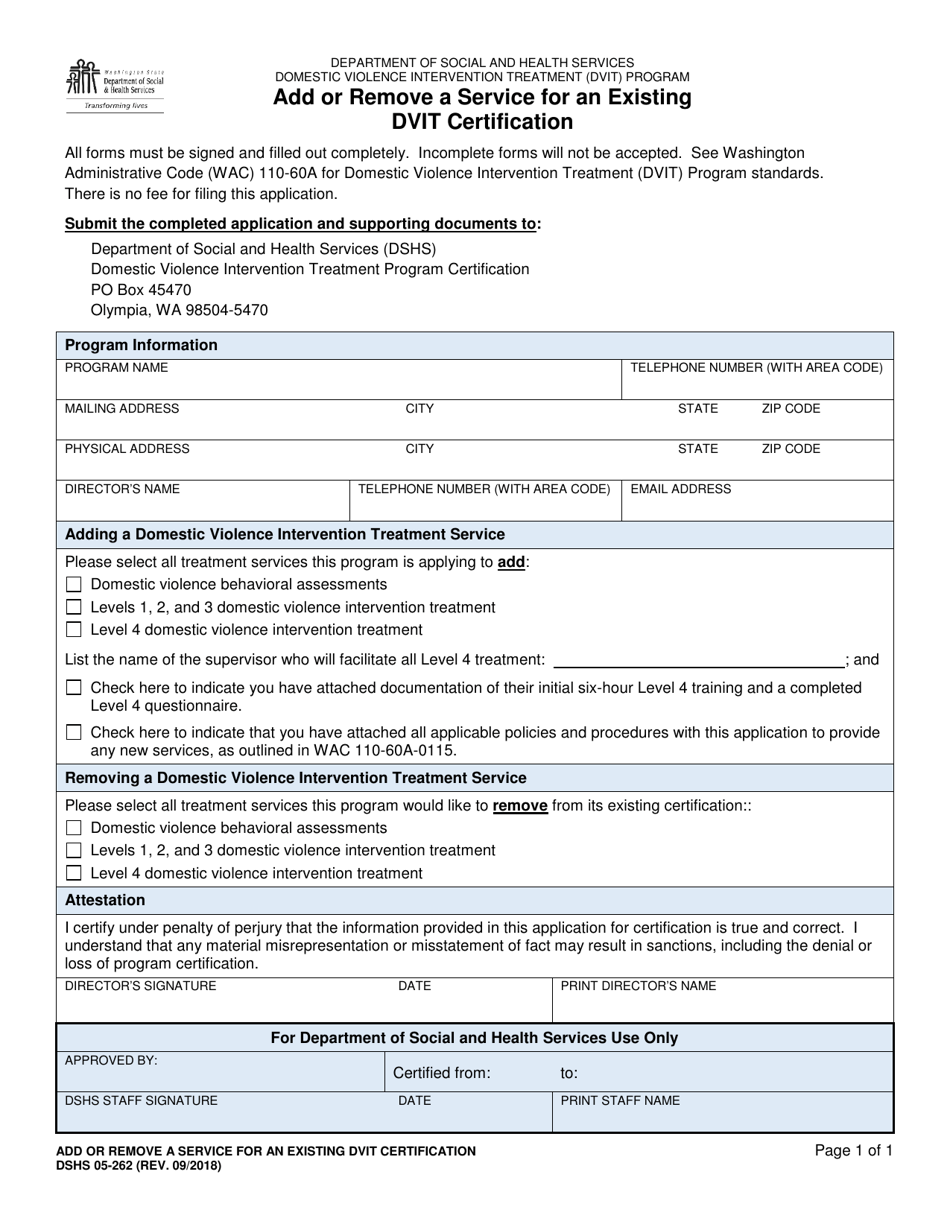 DSHS Form 05-262 Add or Remove a Service for an Existing Dvit Certification - Washington, Page 1
